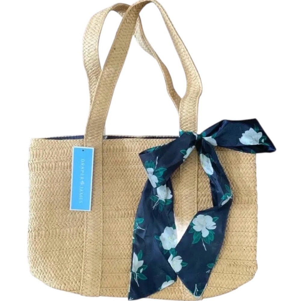 Draper James Beige Woven Tote with Navy Floral Accent
